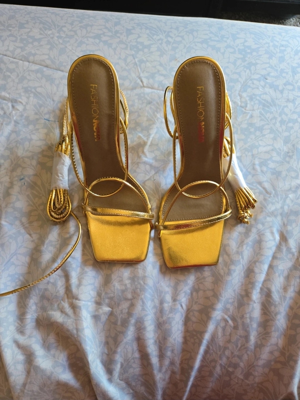 Fashion Nova Metallic Gold Strappy Square-Toe Heels with Wrap Laces